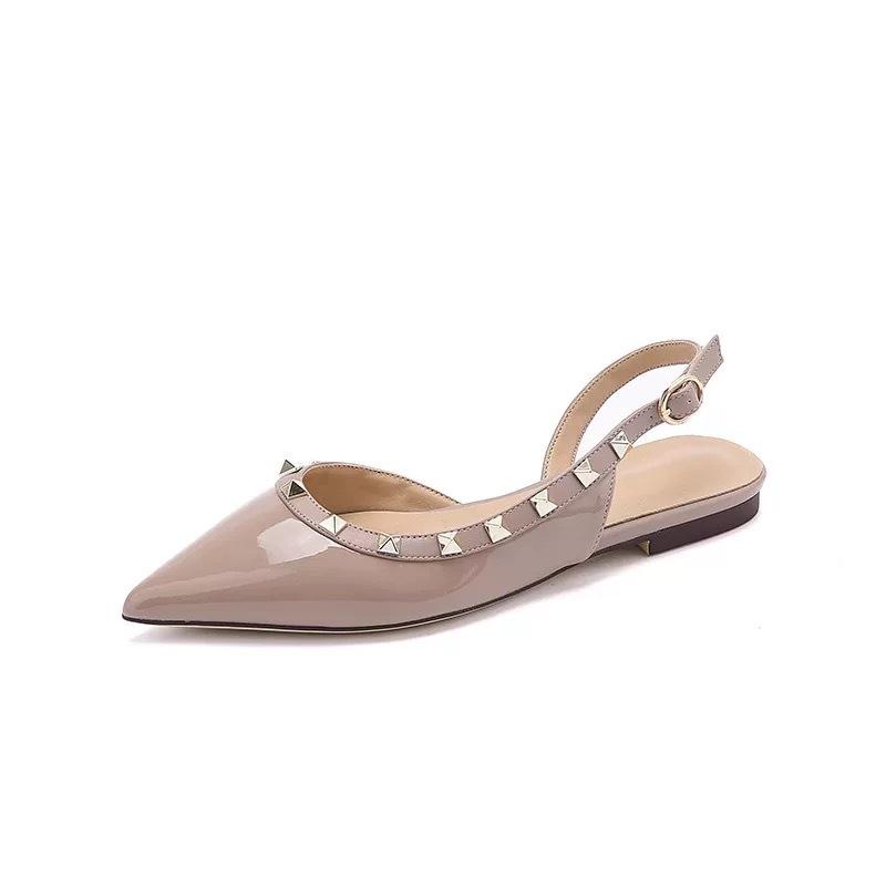 One word with bag head sandals women's spring and summer new rivets flat bottom pointed head patent leather low heel shallow mouth single shoes