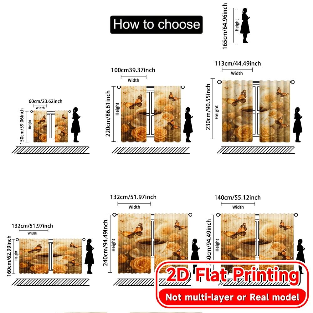 2D Flat Printing,2pcs Butterfly Brunch Fashionable Chic Curtains Prints Light Filtering Curtains Decorations Inside for Living