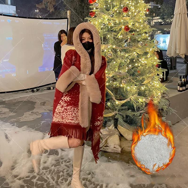 Faux Rabbit Fur Capes Coats Women Plaid Poncho Jackets Tassel Hooded Batwing Sleeves Open Stitch Loose Casual Autumn Winter