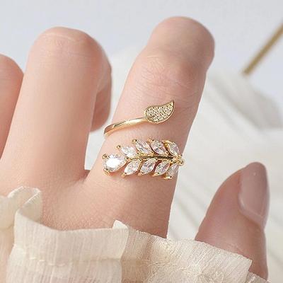 Huitan Delicate Leaf Ring for Women Gold Color Paved Crystal CZ Stone Fashion Adjustable Opening Ring Party Chic Girls Jewelry