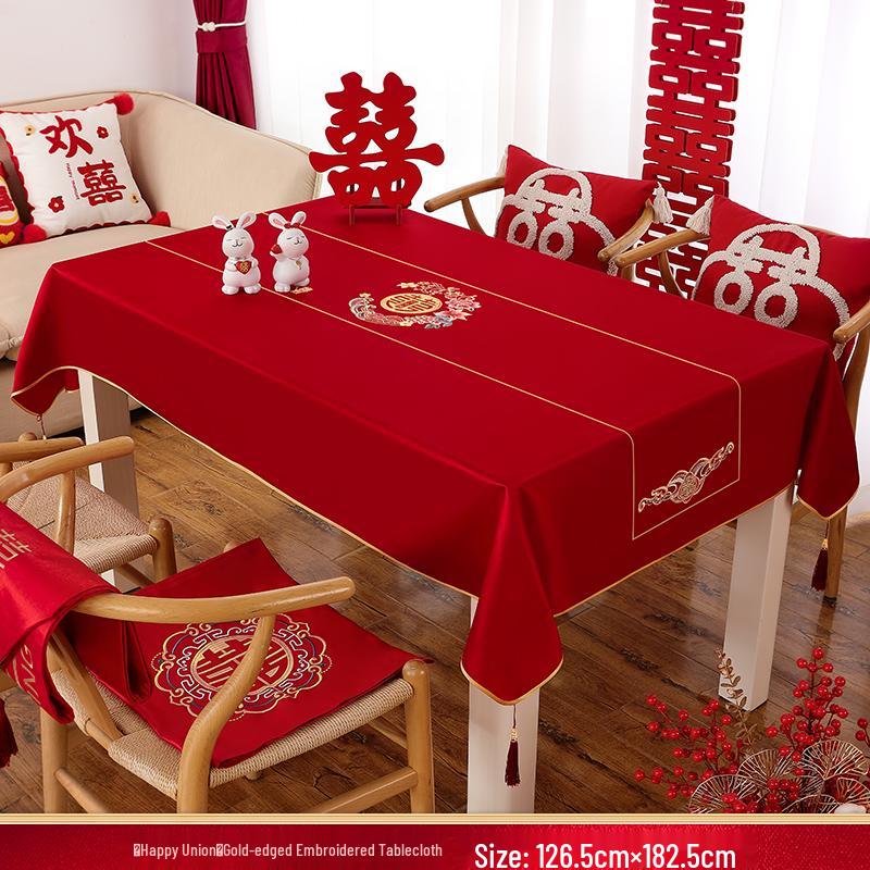 Red Chinese Double Happiness Wedding Tablecloth for Engagement and Festive Decoration