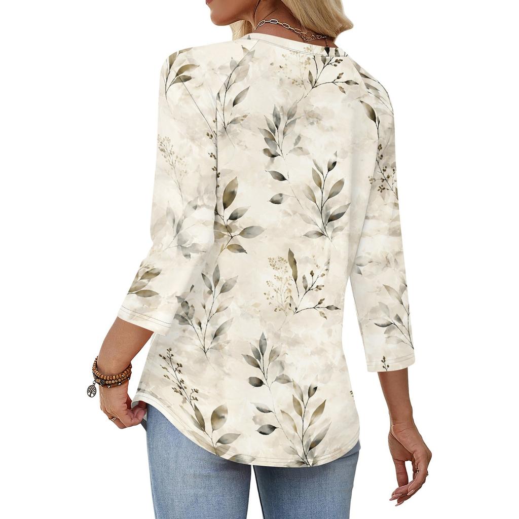 Women 34 Sleeve Crew Neck Button T Shirt Floral Print Casual Loose Fit Top for Daily and Office Wear