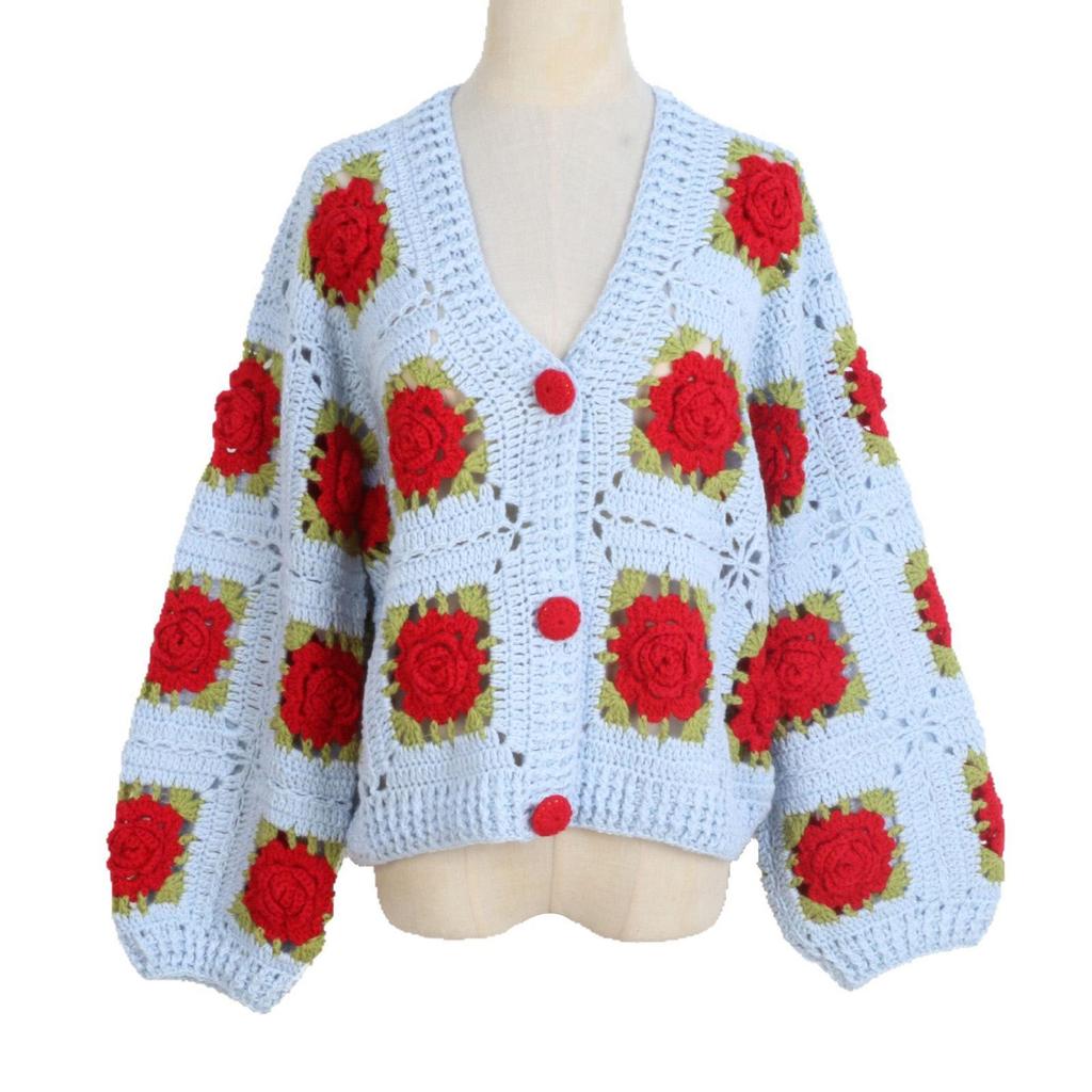 Hand-Crocheted 3D Rose V-Neck Cardigan - Solid Color, Long Sleeve, Openwork Design, Ideal for Spring & Autumn.