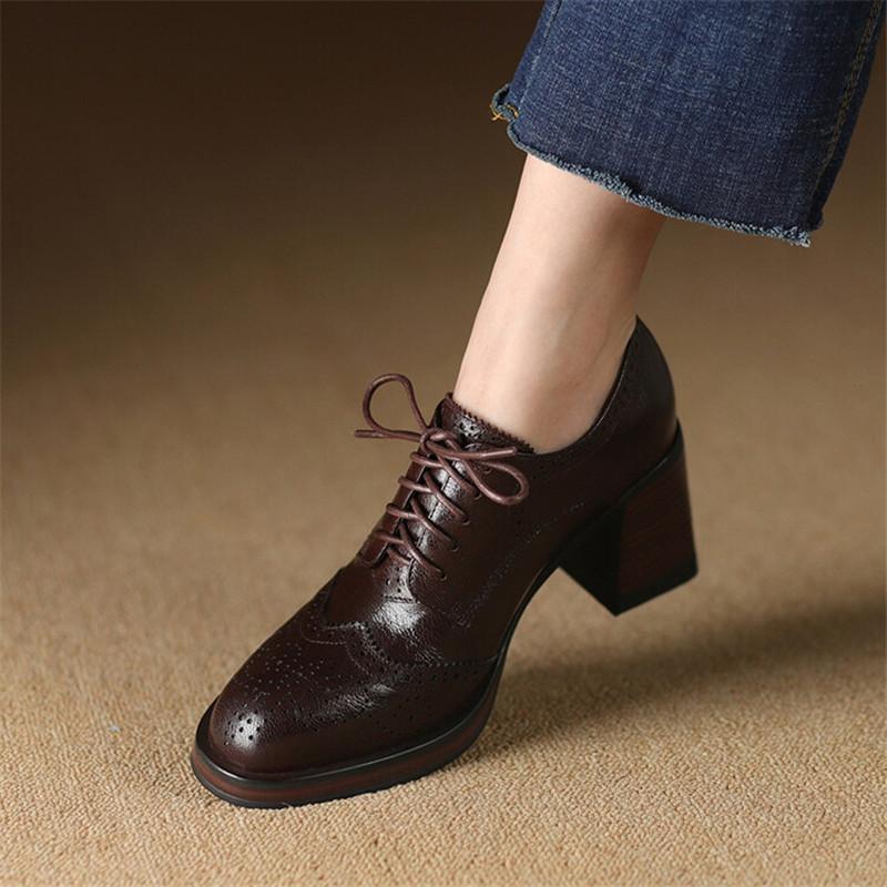 Fashion New Spring Genuine Leather Women Shoes Round Toe Women Pumps Brogue Designs Shoes for Women High Heel Lace Loafers Ladies Shoes