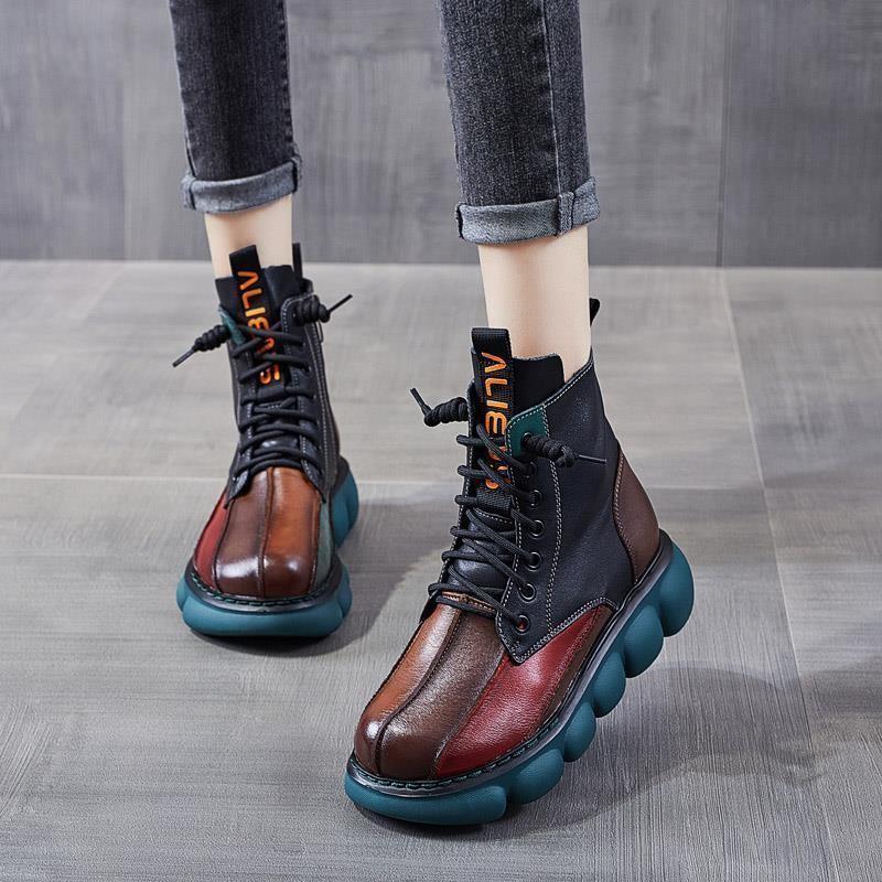 Echtes Leder Mehrfarbige Schuhe Damen Stiefel 2022 Neueste Herbst Winter Runde Spitze Reißverschluss Retro Handgemacht Freizeit Knöchelhohe Stiefel