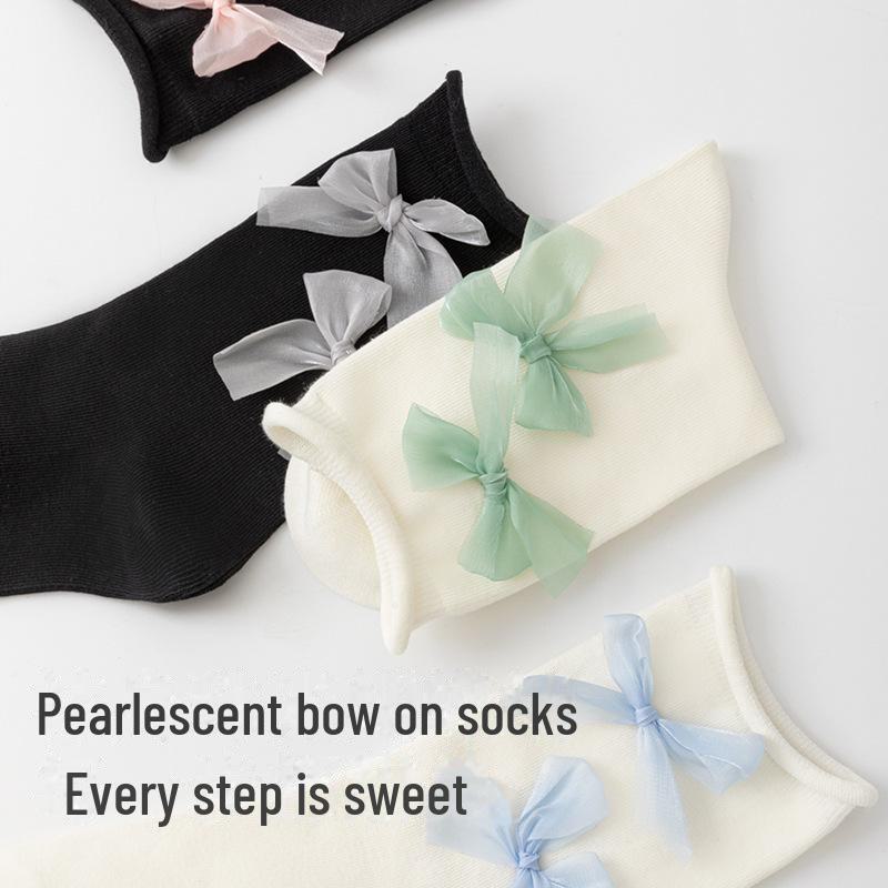 Women's 2024 Anti-Slip Mid-Tube Socks with Cute Bow and Jewelry Design for Small Leather Shoes In JK Style