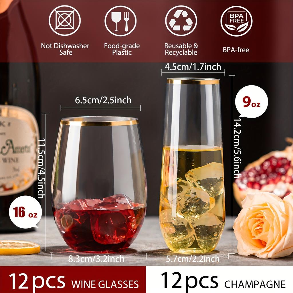 24pcs Plastic Wine Glasses Combo (12pcs 16oz Plastic Wine Glasses & 12pcs 9oz Plastic Champagne Flutes) Stemless Clear Disposable Golden Rims Unbreaka