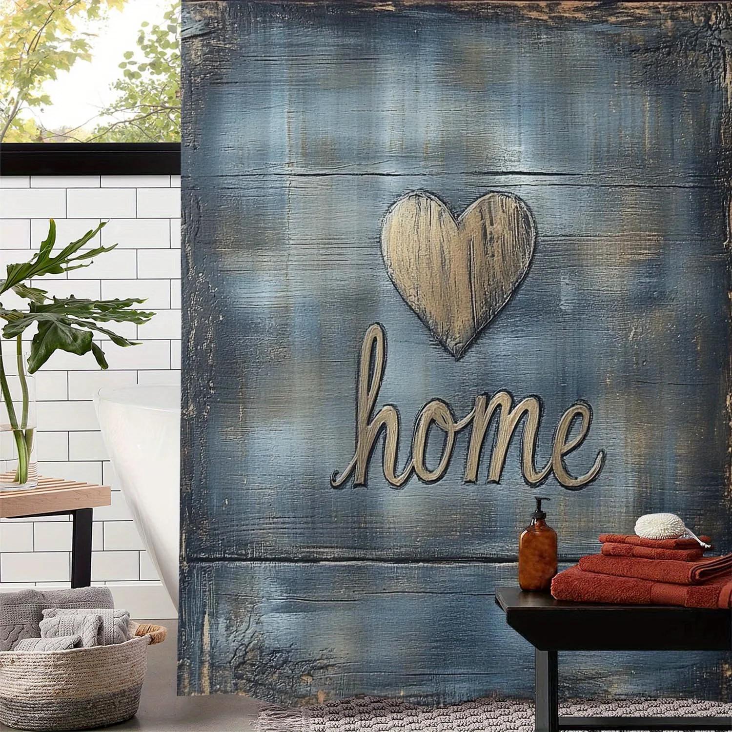 

Vintage Valentine S Home Heart Shower Curtain - Rustic Blue, Waterproof Polyester,12 Hooks,Machine Washable,Perfect Bath Decor W60H190(CM)-1 Pcs