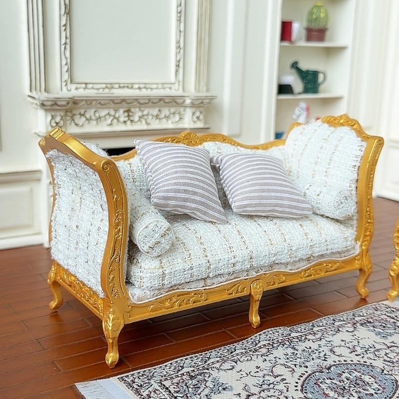 Realistic 1/12 Scale Dollhouses Sofa Set Soft Cloth Cover Simple Couch Model Furniture Accessory