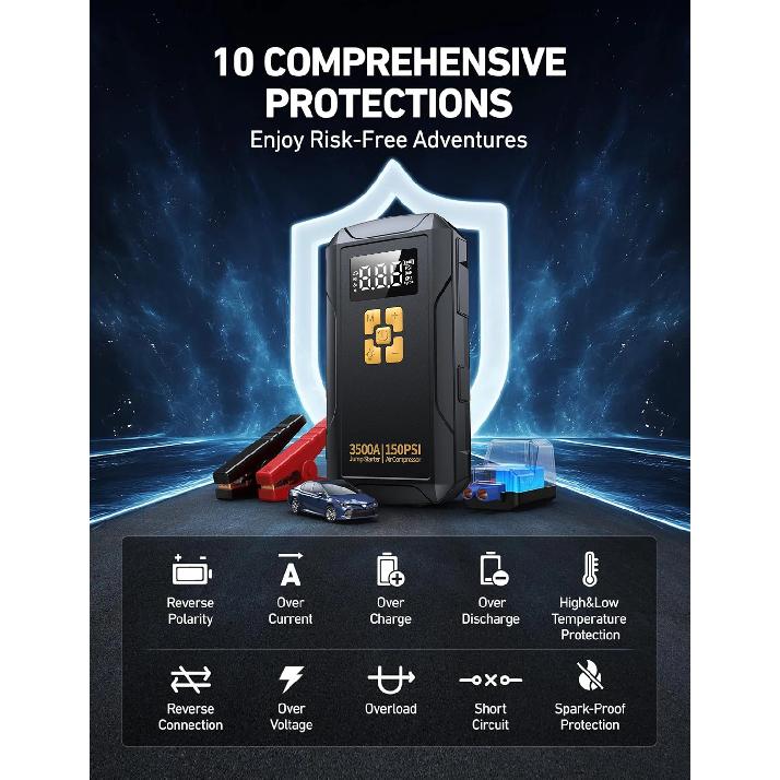 Jump Starter with Air Compressor 3500A Jump Starter 150PSI Air Pump Multifunctional Tire Inflator Power Bank Lighting for Car