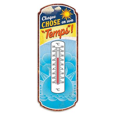 [A2931] - Humorous Metal Thermometer 'Everything In Its Time! ' Yellow Blue - 25x10 Cm