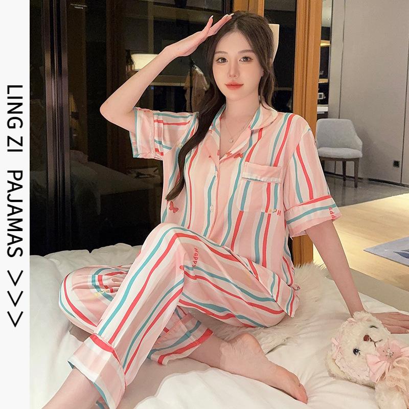Color striped v-neck thin ice silk pajamas three-piece women's short-sleeved shorts trousers summer casual loungewear