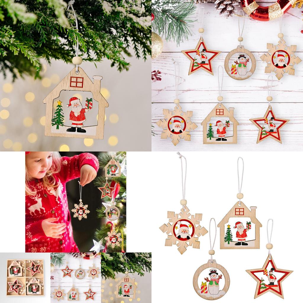 Festive Christmas Wooden Ornaments Set Of Twelve Including Santa And Snowflakes