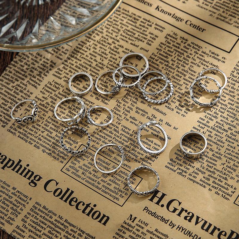 Retro Alloy Snake Moon Sun Symbol 16-Piece Ring Set for Women