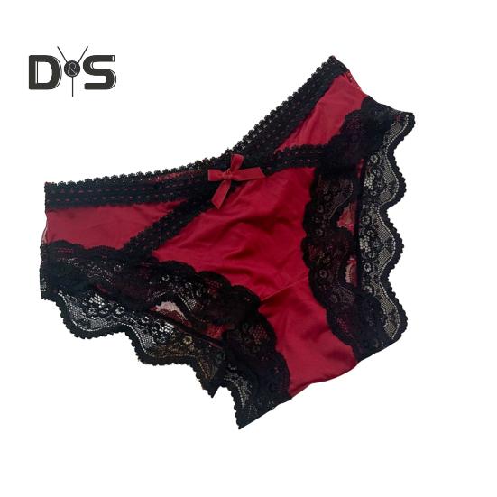 

Женские трусики с кружевной отделкой, с низкой талией, эластичные трусы с бантом, шелковистое атласное бикини, нижнее белье, женские трусы M красный черный