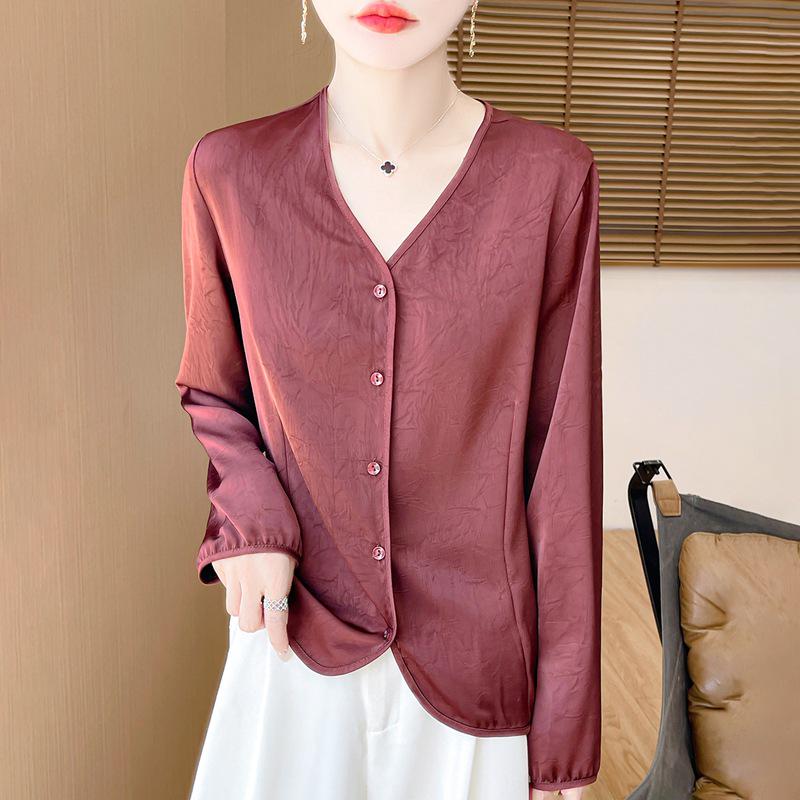 Women's Silk Satin V-Neck Long Sleeve Loose Shirt