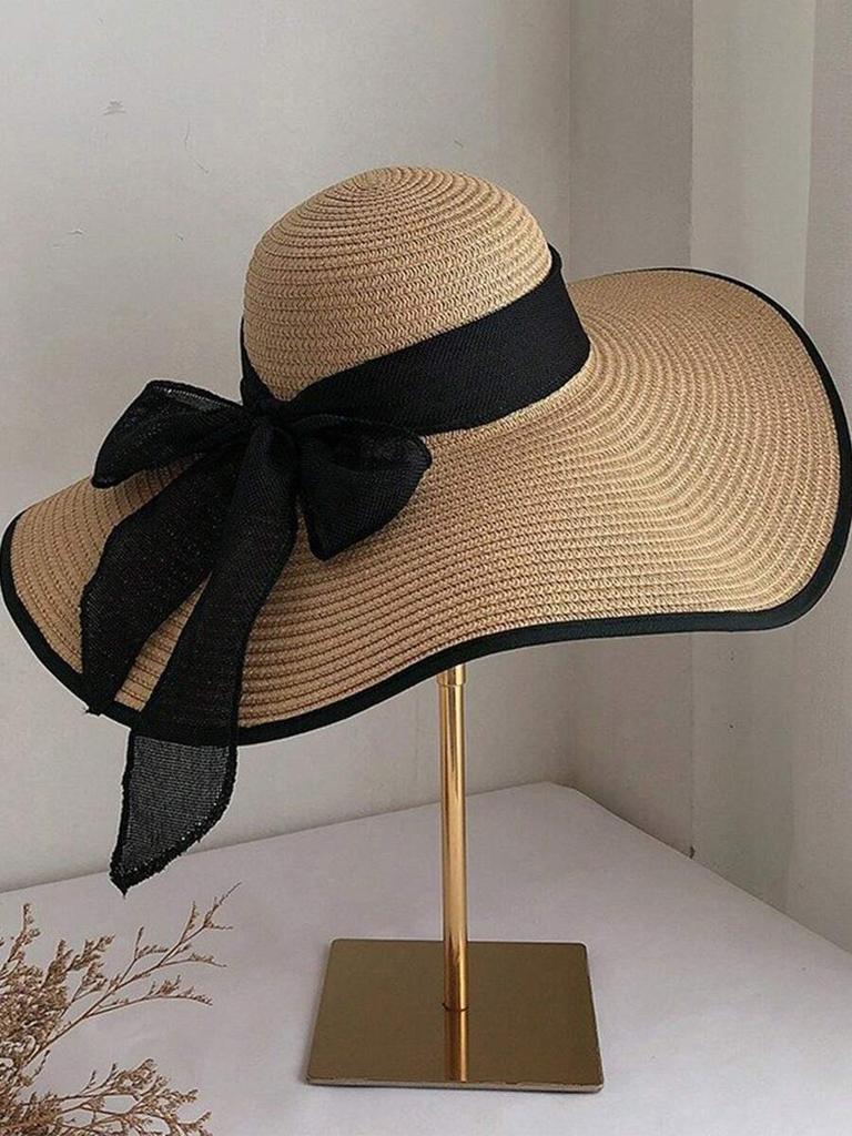 Women Oversized Brim Straw Hat With Black Bow Summer Sun Protection Beach Hat