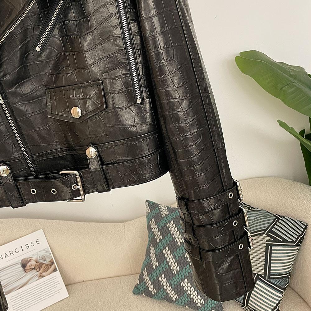 OFTBUY Women Vintage Loose Real Genuine Leather Short Jacket Tie Cuff Motorcycle Jacket Female Zipper Retro Moto Biker Coat Outwear Tops