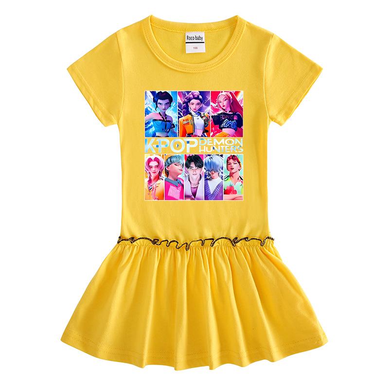 Kpop Witcher Girls Cartoon Pleated Short-Sleeve Summer Dress for Kids