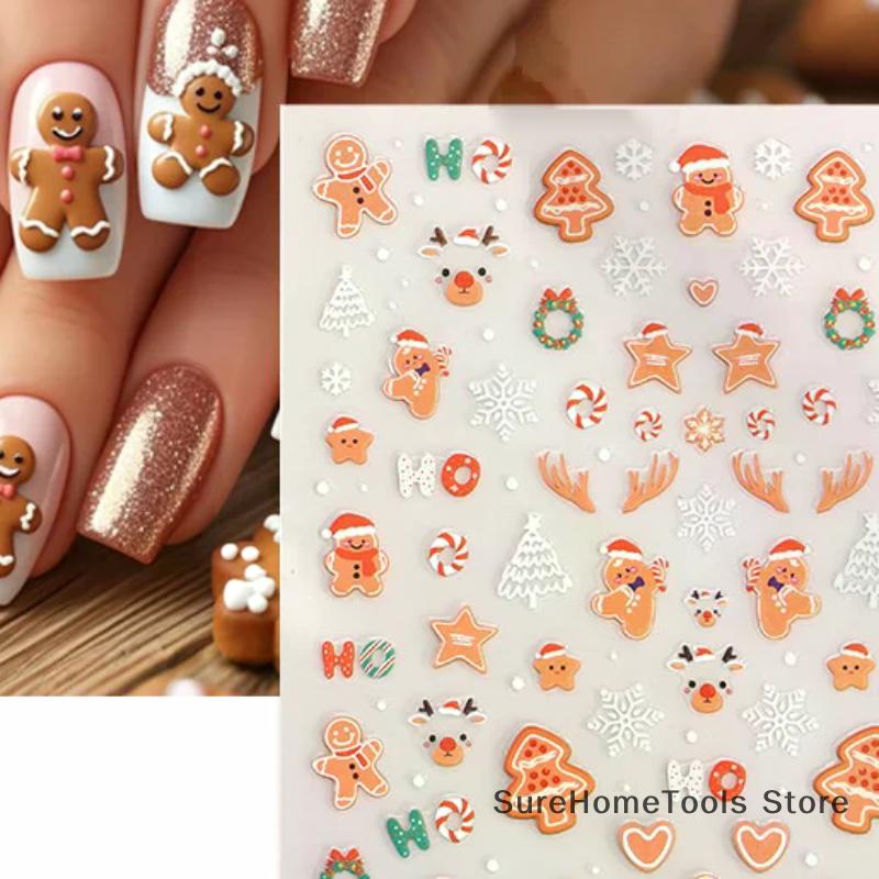 Cute Christmas DIY Nail Decals Sliders - Gingerbread Santa Cat Xmas Tree Bell Stickers for Holiday Party Manicure Decor