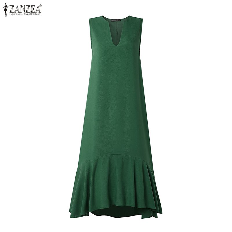 ZANZEA Women Elegant Casual V-Neck Solid Color Loose Sleeveless Dress