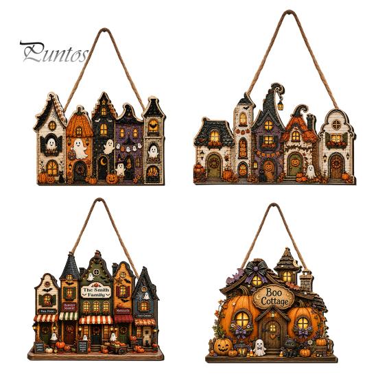Halloween Door Sign 2D Wooden Hanger Sign, Pumpkin Ghost Vintage Town Building Welcome Rustic Seasonal Wall Plaque with Hanging Rope, Front