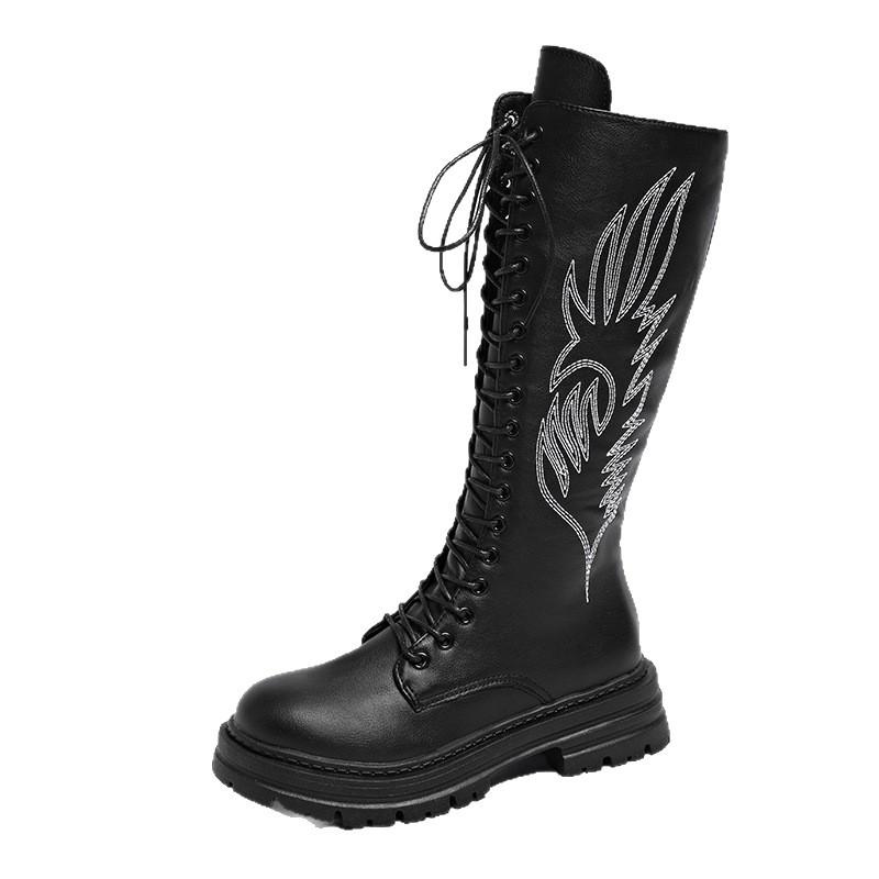 Fashion Embroidered Boots for Women 2025 Autumn New Thick-soled High-top Knee High Boots Retro Round Toe Long Platform Botas Femenina