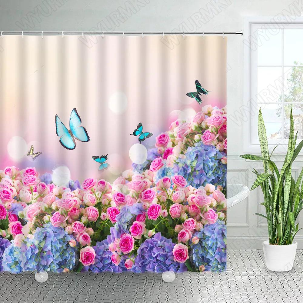 Rustic Flowers Shower Curtains Red Pink Rose Butterfly Sunflower Spring Nature Floral Bath Curtain Set Bathroom Decor with Hooks