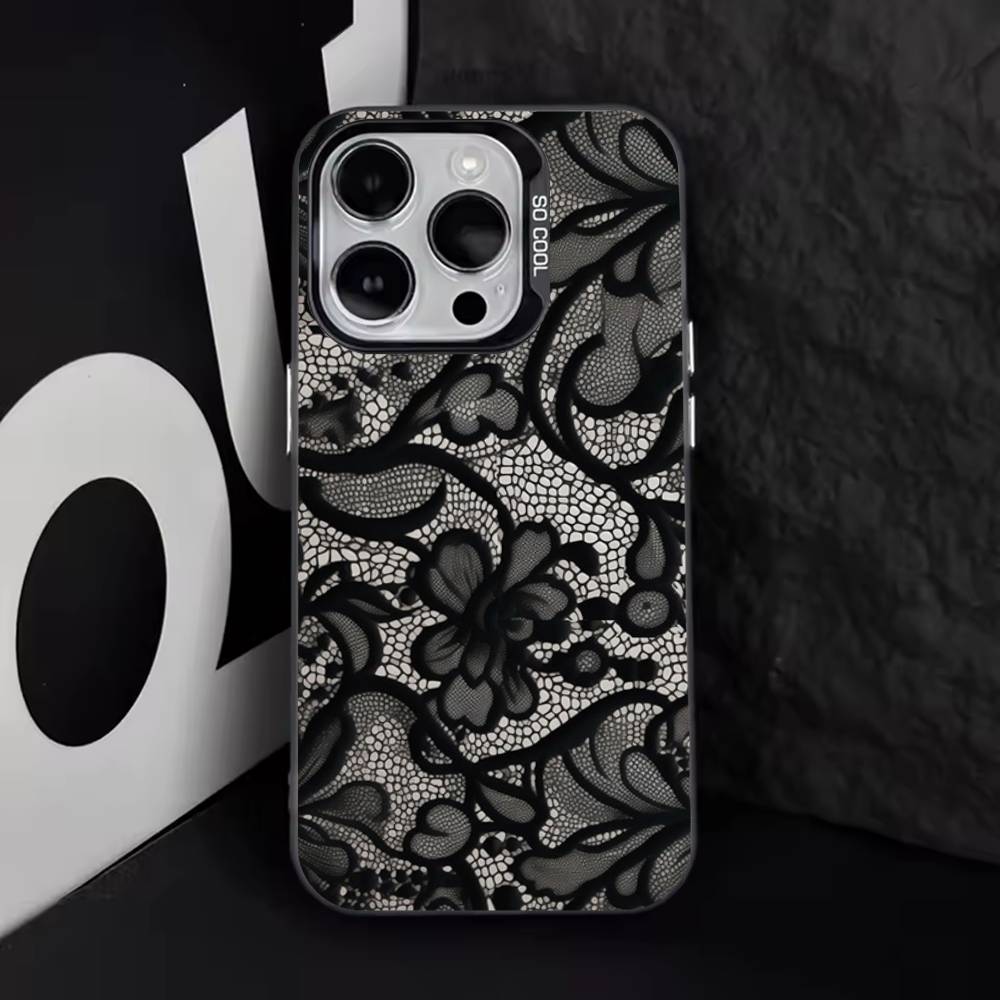 

Lace Print Pattern Phone Case For iPhone 17,16,15,14,13,12,11,Pro,Max,Plus,E,Air,Mini Black Tpu Cover iPhone12mini