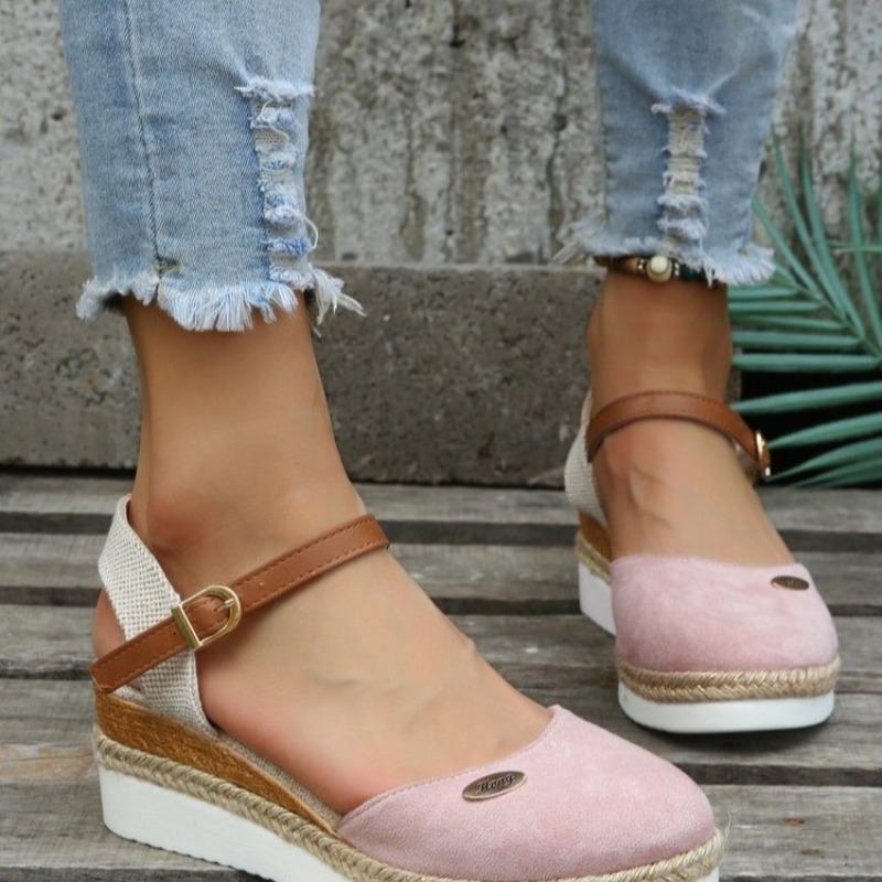 New Fashion Plus Size Women's Closed Toe Wedge Heel Thick Sole Hemp Splicing Roman Sandals
