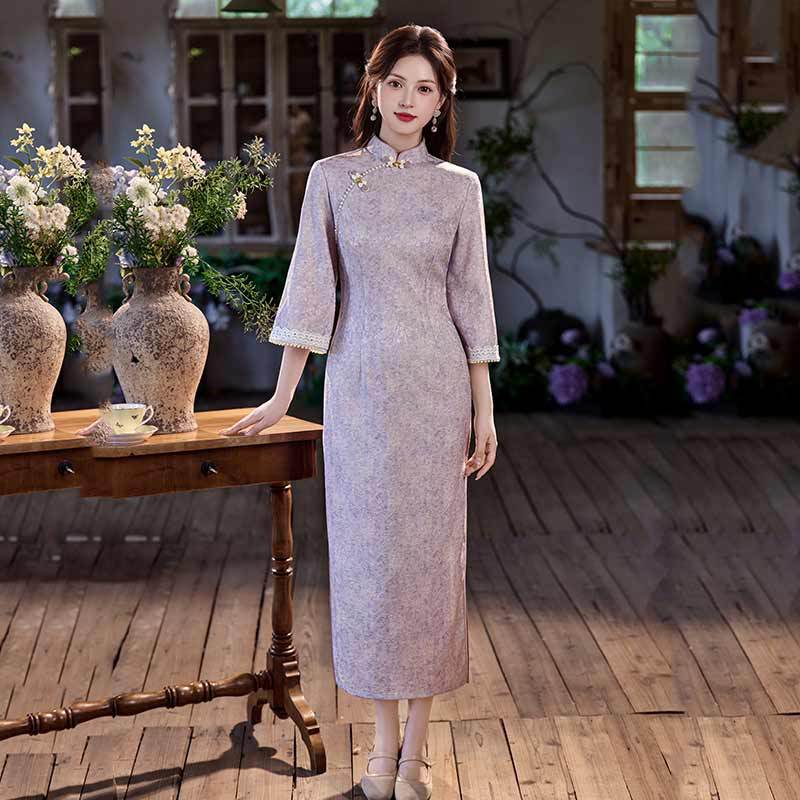 Purple National Style New Chinese Autumn Long-sleeved Cheongsam Improved Young Women's High-end Sense Retro Slim Waist Spring and Autumn