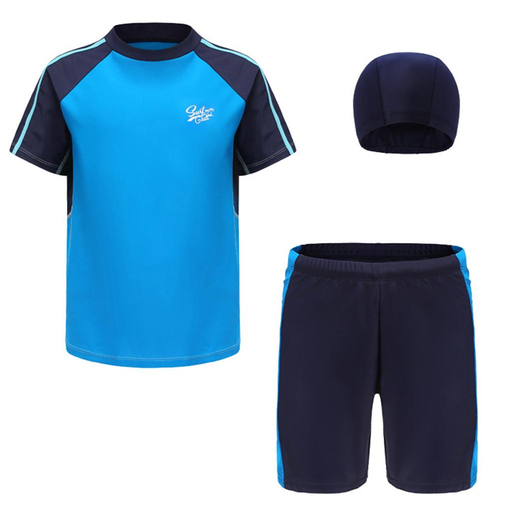 Boys Swimwear Set Short Sleeve Rash Guard Top Matching Trunks Hat Beach Swim Outfit