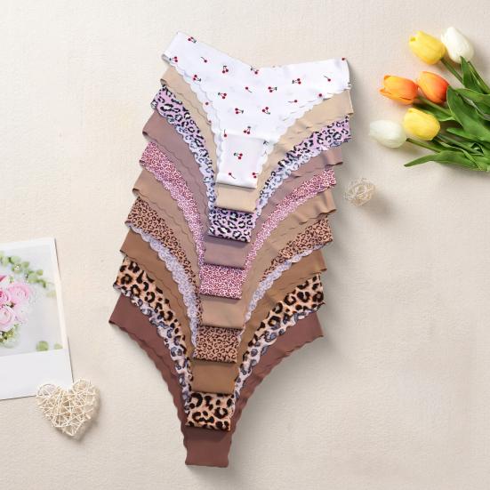 10 Stück Damen Nahtlose Slips Weiche Unterwäsche Gepunktet Leopardenmuster Sexy Strings Glatte Elastische Sportslips für Tägliches Tragen Schlaf