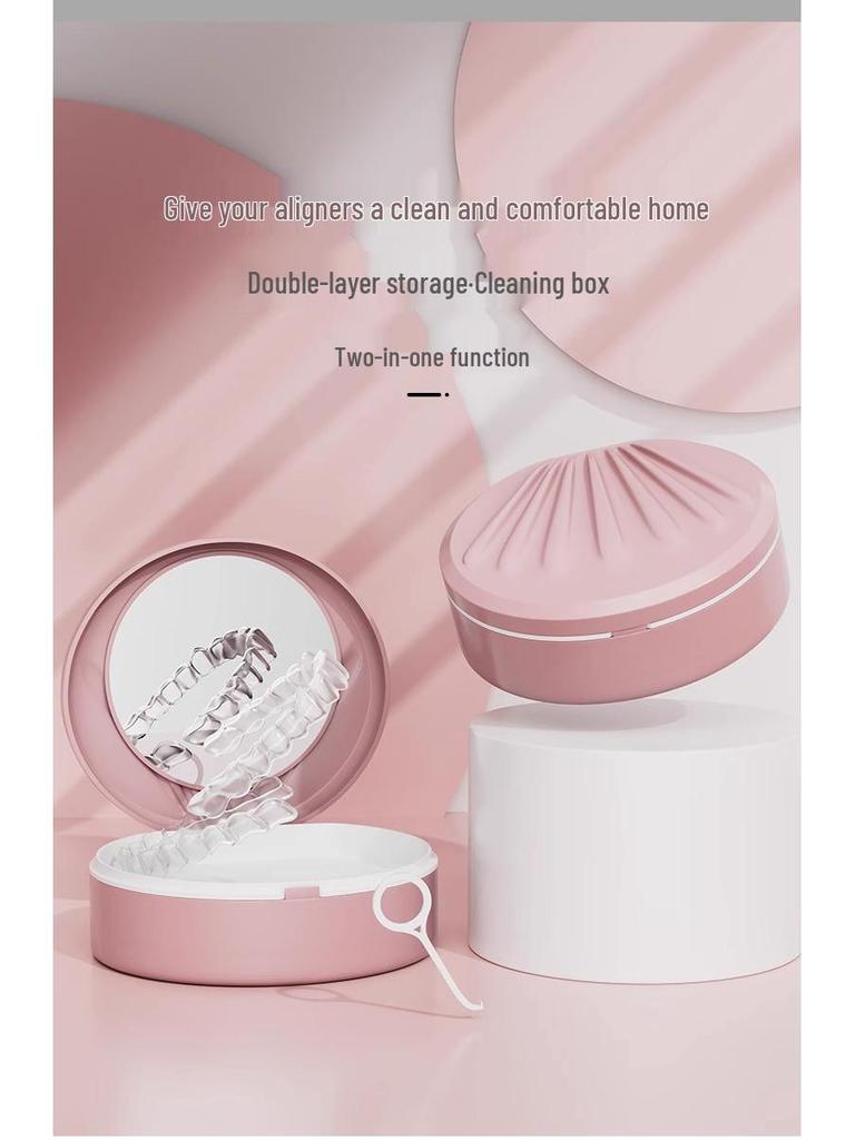 Invisible Aligner Storage Box with Mirror - Portable Retainer and Denture Cleaner