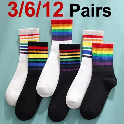 3/6/12 Paar Damen Regenbogenmuster Mittelhohe Baumwollsocken Mode Gestreift Schweißabsorbierend Atmungsaktiv Weich Bequem Lässige Socke