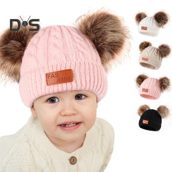 Kids Beanie Fall Winter Knitted Hat with 2 Pompom for Boys Girls 1-4 Years Old Warm Beanie Toddler Hat for Outdoor Activities
