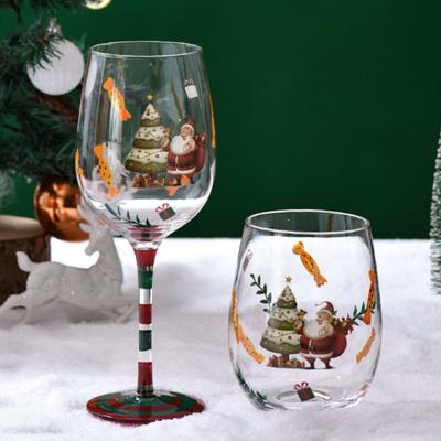 Hand Painted Christmas Theme Glass Goblet Transparent Santa Claus Snowman Pattern Wine Cups Cartoon Red Wine Glass Family Dinner