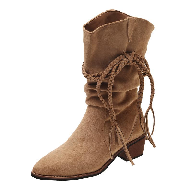 Cowhide Version~ Thick-soled Boots Female Waste Retro Style Knight Boots Genuine Leather Matte Fringed Hemp Rope Thick Heel Medium Boots