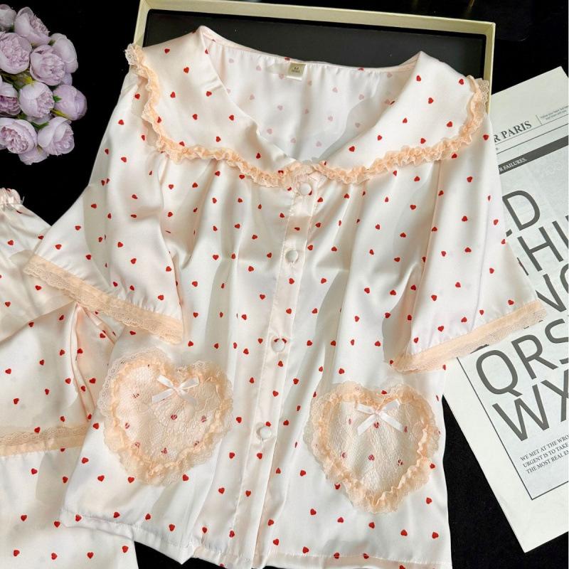 Cream pink polka dot 1011 new ice and snow silk pajamas casual loungewear short-sleeved trousers set sweet French