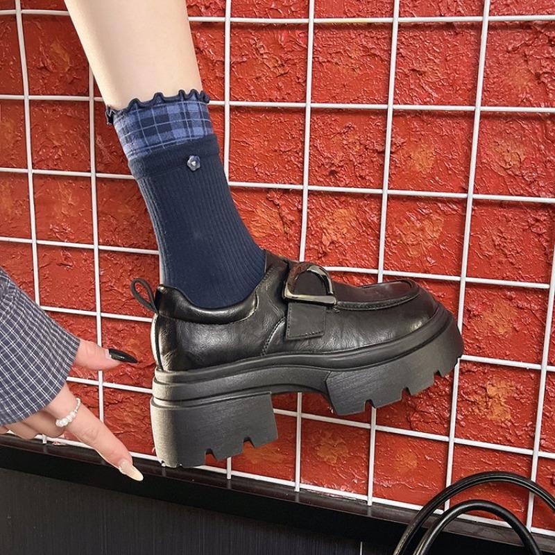 2026 Casual Round Toe Thick Heel Heightening Leather Shoes British Style Lace-Up Flat Shoes