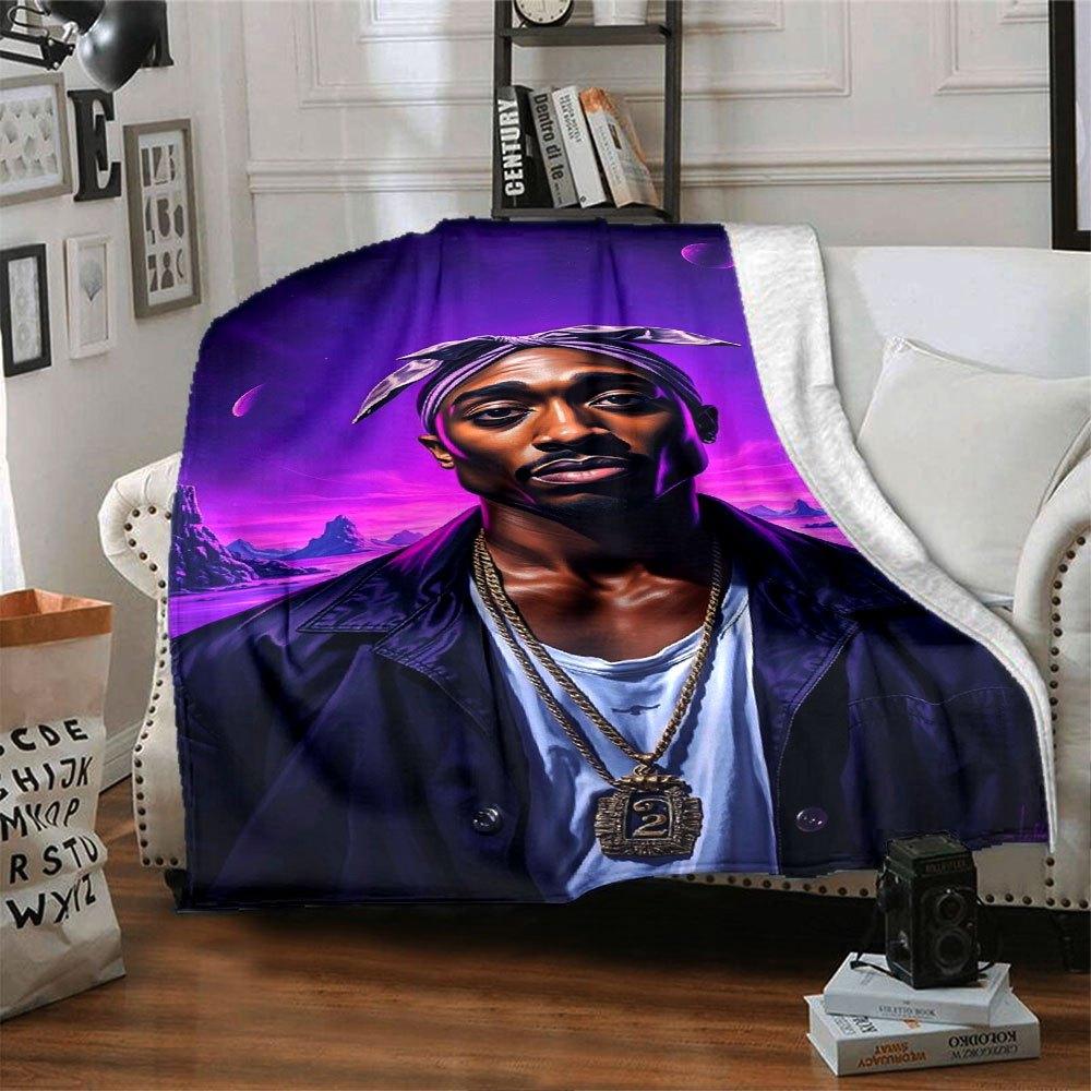 1pc 2PacHip Hop Blanket Soft Lightweight All Season Multi Purpose Throw for Sofa, Bed, Office & Picnics, French Style with Iconic Album Art & Quotes