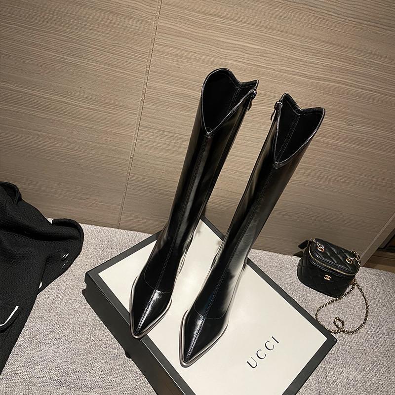 Women's White Non-Slip High-Top V-Cut Knight Boots - Pointed Toe, High Heel, Autumn/Winter 2025