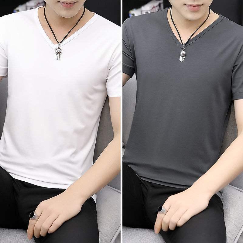 2-pak męskich koszulek z lodowego jedwabiu z dekoltem w serek, z krótkim rękawem, slim fit