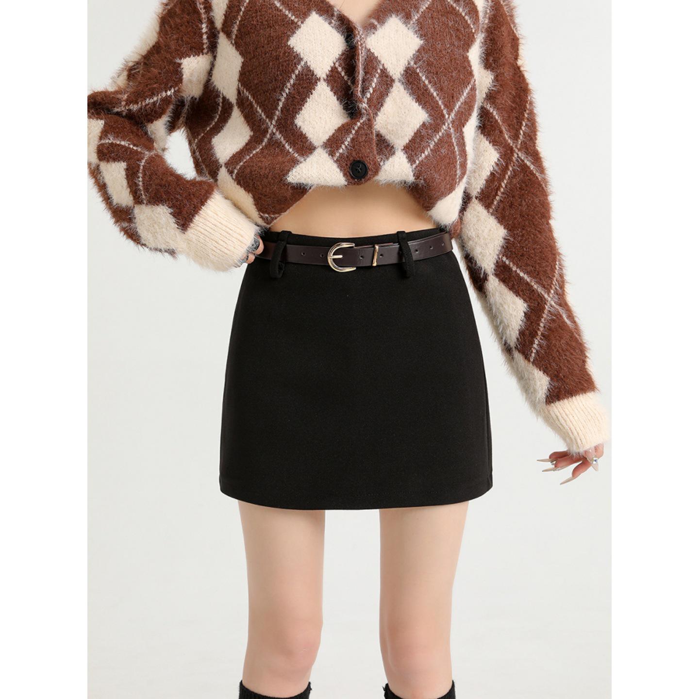 Spicy Girl 2026 High-Waisted Black Wool A-line Mini Skirt – Versatile, Slimming, Hip-Hugging Fit for Spring & Autumn 5XL