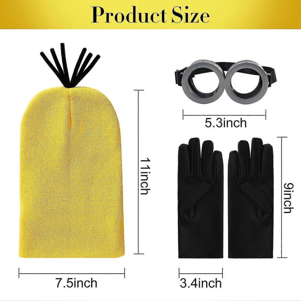 3PCS Costume Accessories Adult Yellow Beanie Knit Hats Steampunk Goggles Glasses Black Gloves Halloween Cosplay Party