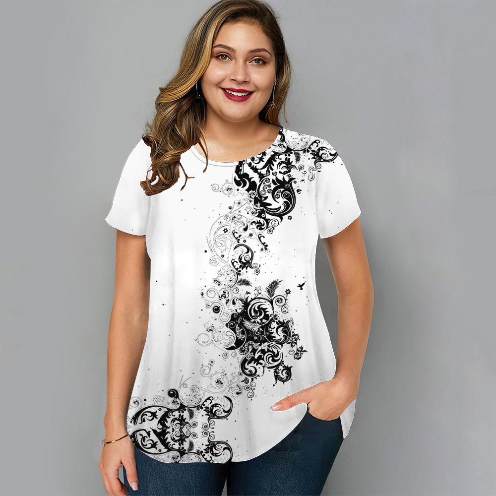 Summer Round Neck Floral Graphic 3D Print Top Fashionable Casual Short Sleeved Plus Size Women's T-shirts