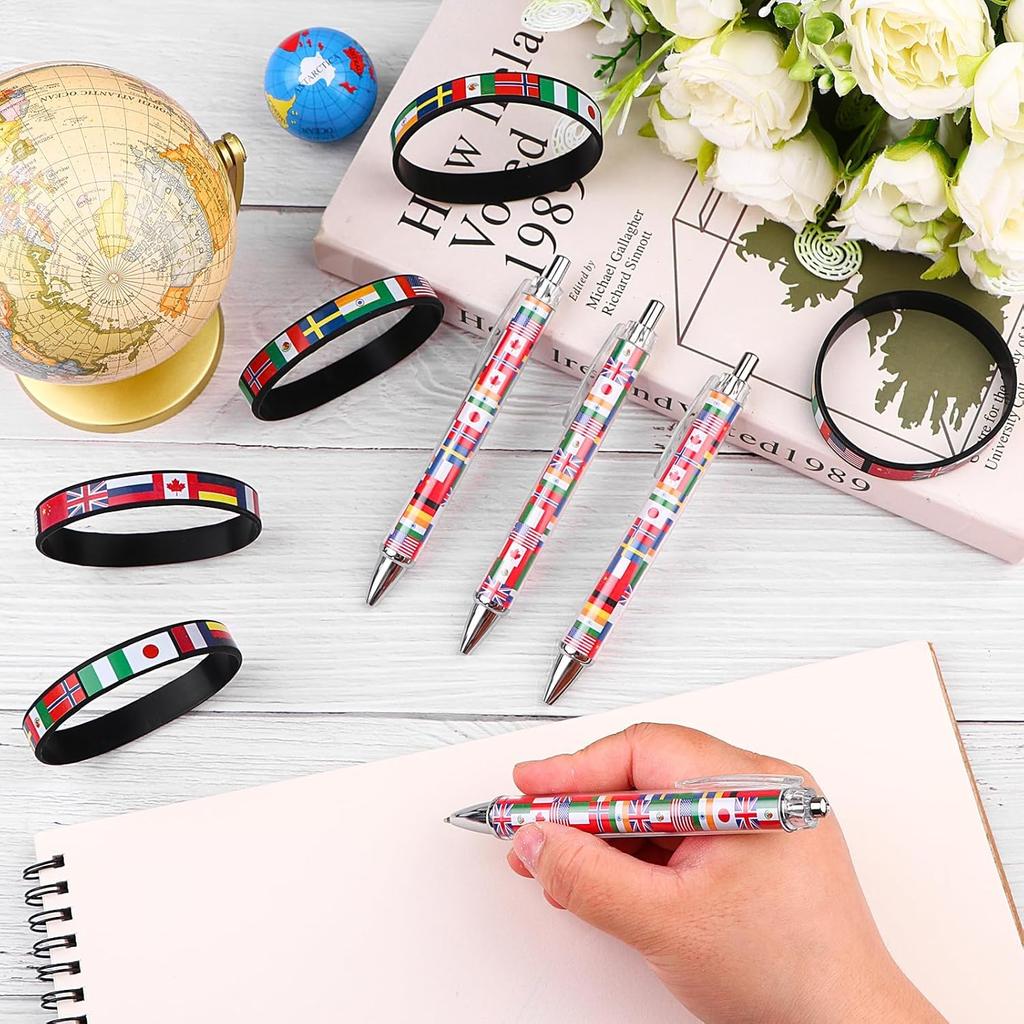 60 Pcs International World Flags Party Favors Include 30 Flags of Nations Pens 30 Rubber Wristband for Travel Trip Around Globe Decor World Sports