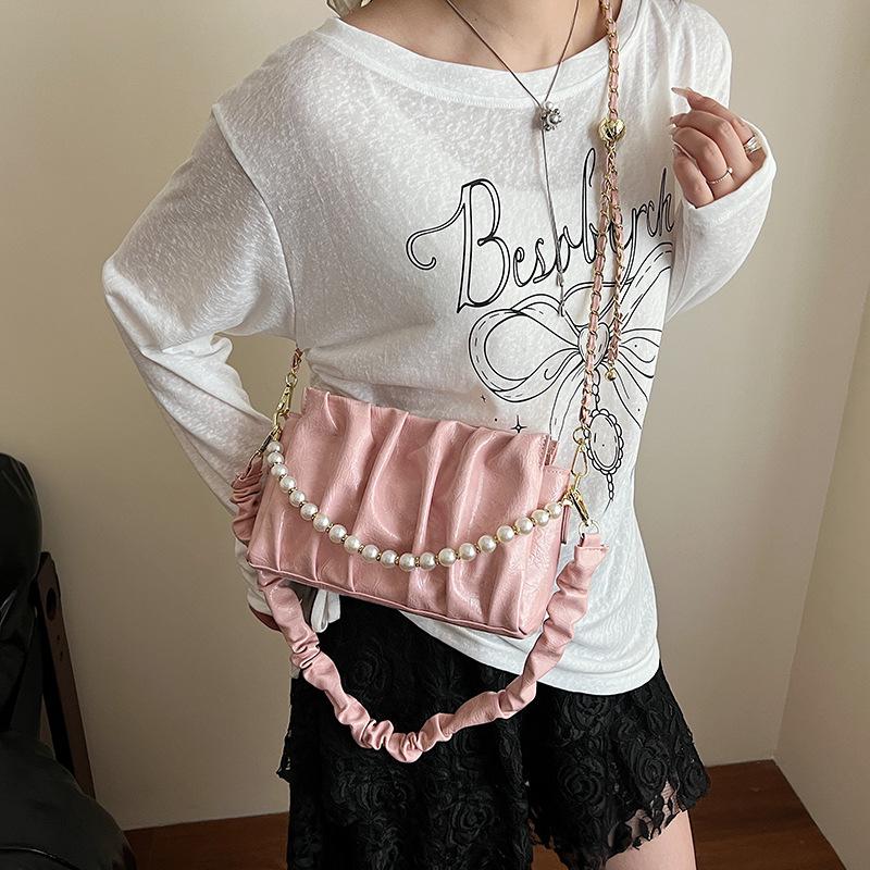 Pearl Chain Underarm Bag Women's Fashion Pleated Shoulder Bag New Messenger Bag