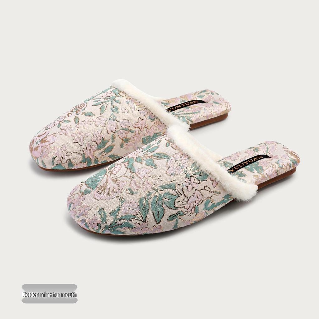 Damen Fleecegefütterte Florale Jacquard Chinesischer Stil Rutschfeste Warme Baumwollpantoffeln für Herbst und Winter