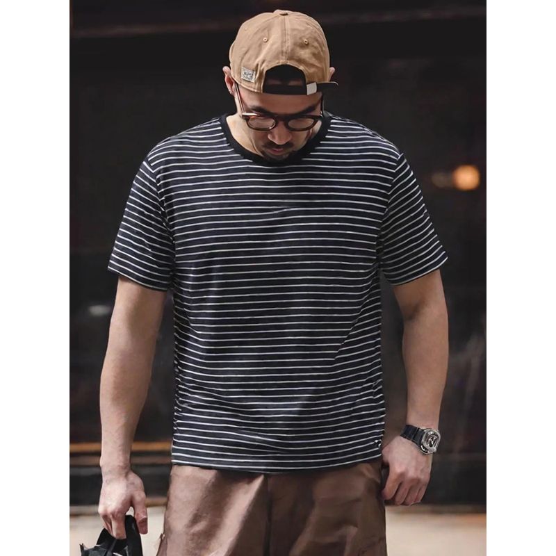 2025 New American vintage round Neck Knitted Stripes Short sleeve T-shirt Men's Summer Bottoming Shirt Foreign Trade Men's T-shirt